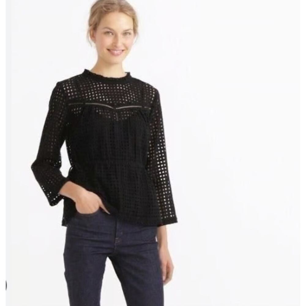 Point Sur J Crew Women's Black Eyelet 3/4 Sleeve Blouse Size 0